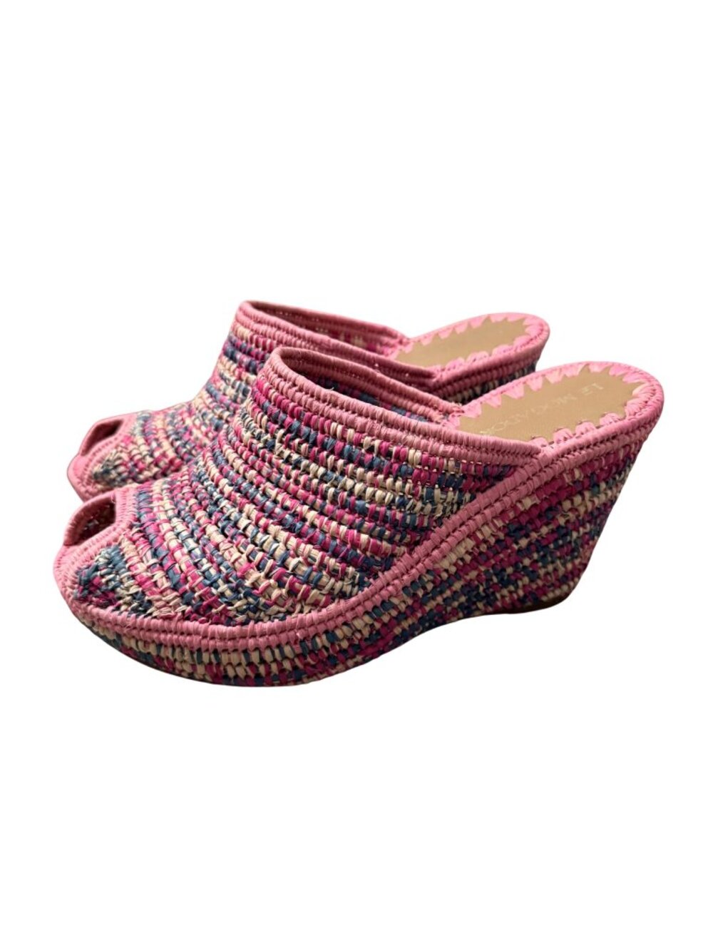 Le Mogador Jessica Pink Blue Rattan Peep Toe Slip On Wedge Sandals Womens 7.5